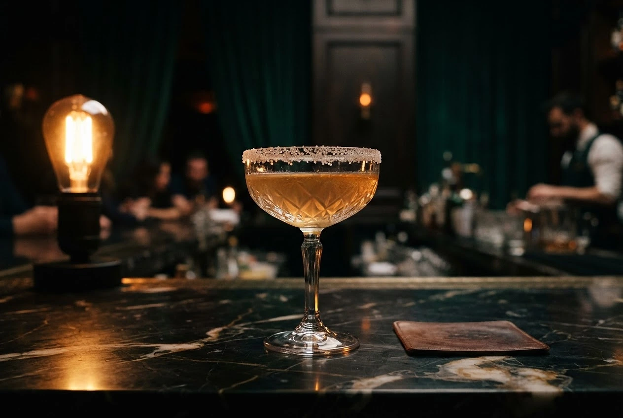 A salted coupe glass on a dark bar top
