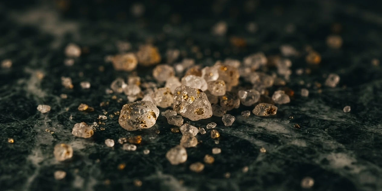 Macro of finishing salt crystals on a dark bar